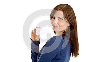 Woman holding blank business card