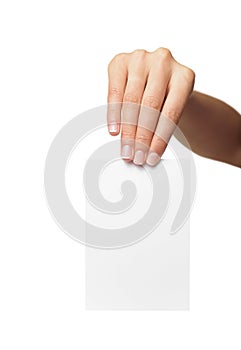 Woman holding blank business card in hand