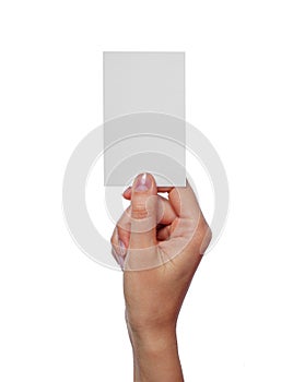 Woman holding blank business card in hand.  on white.