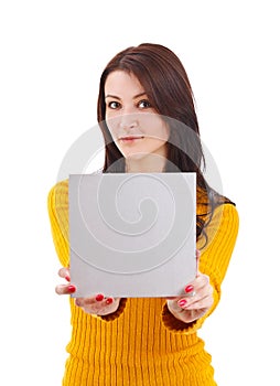 Woman holding blank card