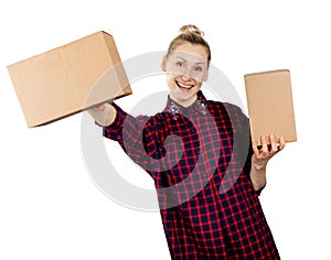 Woman holding blank cardboard boxes in hands on white background