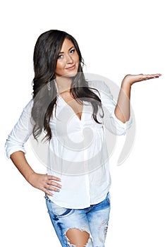 Woman holding blank copy space on her open palm