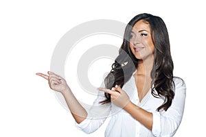 Woman holding blank copy space on her open palm