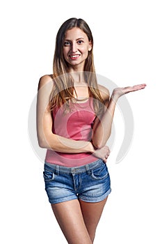 Woman holding blank copy space on the palm