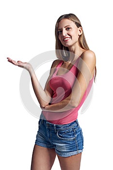 Woman holding blank copy space on the palm