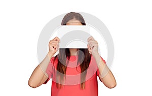 Woman holding a blank paper covering her face