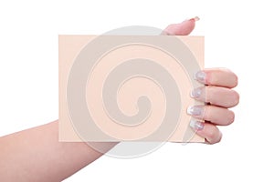 Woman holding a blank paper in her hands