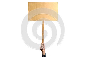 Woman holding a blank placard mock up on wood stick to put the text at protesting, isolated on white background