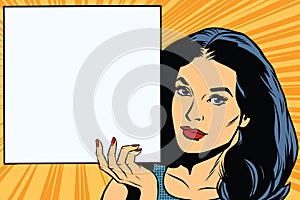 Woman holding blank poster pop art vector