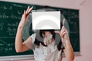 Woman holding a blank screen in her hands