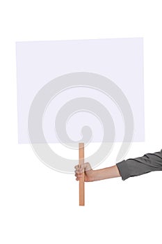 Woman holding blank sign on white background, closeup