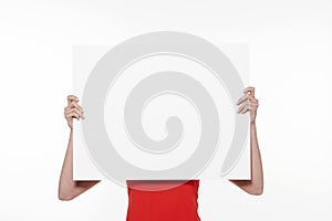 Woman holding blank sign - white background - isolated