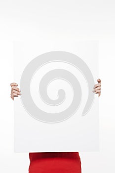 Woman holding blank sign - white background - isolated