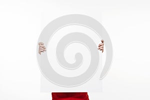 Woman holding blank sign - white background - isolated