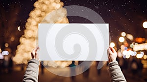 Woman holding a blank white paper in front of a Christmas tree