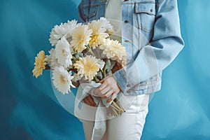 romantic woman bouquet flower birthday yellow floral sweater blue hand white. Generative AI.