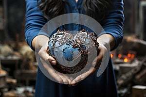 A woman holding a blue heart shaped object in her hands