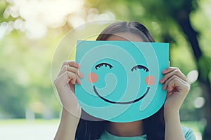 Woman holding blue paper cut with happy smile on it