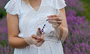 Woman holding bottle with natural essential oil in lavender field. Selective focus