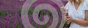 Woman holding bottle with natural essential oil in lavender field. Selective focus