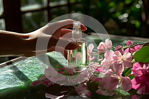 Woman holding bottle perfume spray smell pink flowers aroma advertising freshness elegance fragrance liquid luxury