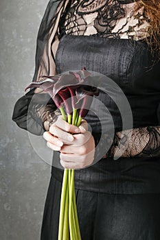 Woman holding bouquet of black calla flowers Zantedeschia