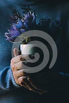 Woman holding bouquet of pasqueflower or Pulsatilla Grandis