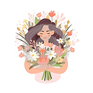 Woman holding a bouquet of spring flowers, Mother's day concept, pastel colours, vector illustration in flat style