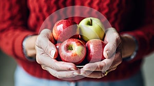 Woman is holding bowl of apples in her hands. The bowl contains several red and green apples, with largest apple being