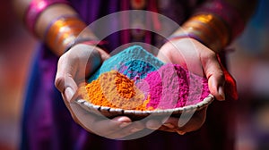 A woman holding a bowl of colorful Holi powder in her hands, AI