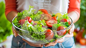 Woman holding bowl of fresh and wholesome salad