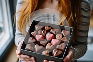 Woman holding box with delicious heart shaped chocolate candies, closeup