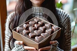 Woman holding box with delicious heart shaped chocolate candies, closeup