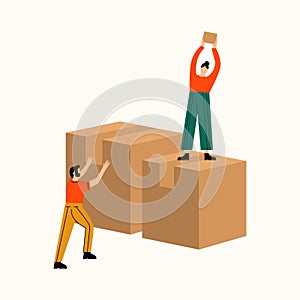 Woman holding a box and man pushing another box. Shipping and delivery information concept. Flat vector illustration