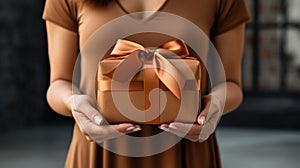 A woman holding a brown gift box with orange ribbon, AI