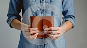 Woman Holding Brown Leather Wallet. AI generated