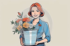 The woman is holding a bucket of flowers with a smile on her face
