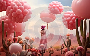 Woman holding bunch of balloons surrounded by various cacti.