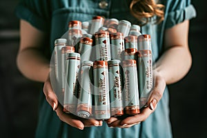 Woman holding a bunch of batteries in her hands.