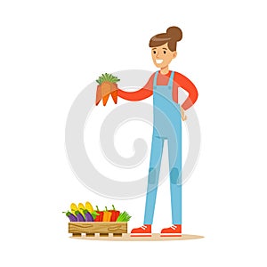 Woman Holding Bunch Of Carrots, Farmer Working At The Farm And Selling On Natural Organic Product Market