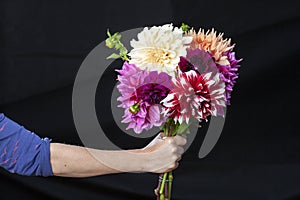 A woman holding a bunch of dahlia flowers