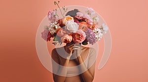 Woman holding bunch of flowers in front of her face on colored background