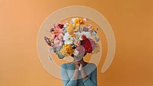 Woman holding bunch of flowers in front of her face on colored background
