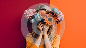 Woman holding bunch of flowers in front of her face on colored background