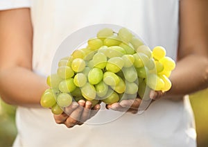 Woman holding bunch of fresh ripe juicy grape