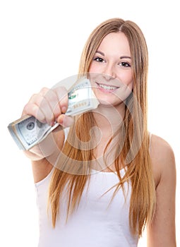 Woman holding bunch of us dollar note