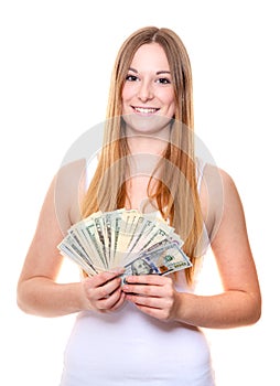 Woman holding bunch of us dollar notes