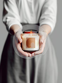 Woman holding burning candle, design and branding ready candle jar mockup with female hands, no face
