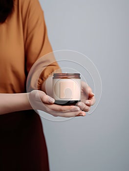 Woman holding burning candle, design and branding ready candle jar mockup with female hands, no face