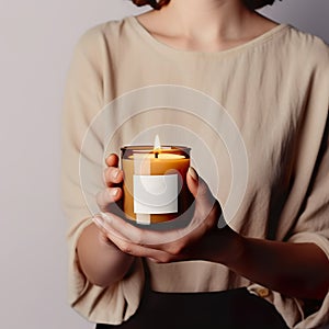 Woman holding burning candle, design and branding ready candle jar mockup with female hands, no face